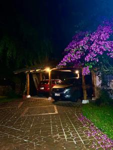 a car parked in a parking lot with purple flowers at Casa Magnolia in Cumbayá