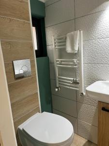 a small bathroom with a toilet and a sink at Moon and Sun Apartments in Sibiu