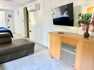 Apartmani Lemona في سيموني: غرفة معيشة مع أريكة وتلفزيون على الحائط