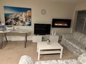 uma sala de estar com um sofá, uma televisão e uma lareira em Albion Stay em Maple Ridge