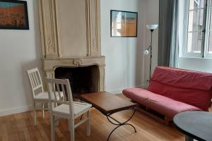 - un salon avec un canapé et une cheminée dans l'établissement Appartement 2 pièces proche cathédrale, à Nantes