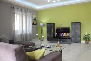 a living room with a couch and a tv at Kallia's Modern Apartment in Kissamos