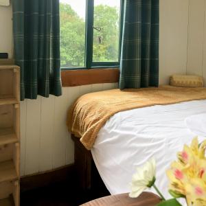 a bedroom with a bed with green curtains and a window at Shire the Shepherd's Hut at Pentref Luxury Camping in Penuwch