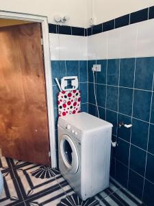 een wasmachine in een badkamer naast een deur bij City View Accomodations Apt 2 in Roseau