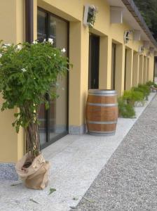 un gran barril sentado al lado de un edificio en Azienda agrituristica Scotti en Somma Lombardo