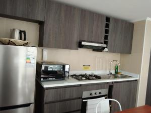 una cocina con estufa horno de arriba junto a una nevera en ACOGEDOR ÀPARTAMENTO A CUADRAS DE CAVANCHA, en Iquique 9 fotos más