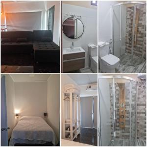 un collage de cuatro fotos de un baño en la finca, en Mercedes