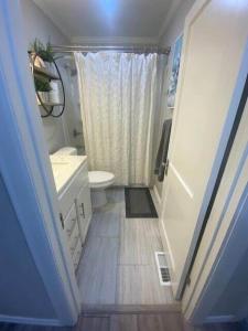 a small bathroom with a toilet and a sink at Luxurious and peaceful in Topeka