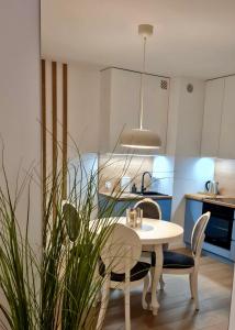 a kitchen with a table and chairs and a dining room at POSESJA KAPITAŃSKA - Apartament EDEN B35 in Grzybowo