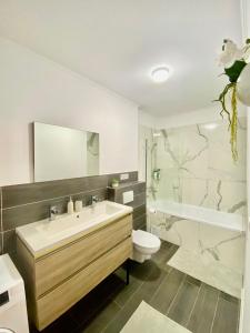 a bathroom with a sink and a toilet and a shower at Dekan Forest Apartments Timisoara in Dumbrăviţa