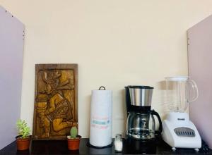 a kitchen counter with a blender and a towel at Casa Perlita, acogedora y privada. in Palenque