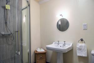 a bathroom with a sink and a shower at The Bridge Helmsdale in Helmsdale