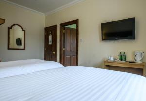 a bedroom with a white bed and a flat screen tv at The Bridge Helmsdale in Helmsdale