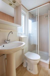 een badkamer met een wastafel, een toilet en een douche bij Heidehut in Midsland