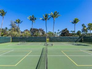 a tennis court with palm trees in the background at The Luau Lounge at Turtle Bay with pool in Kahuku