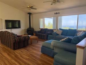 sala de estar con sofás azules y TV en Hidden Views A Duplex, en Twain Harte
