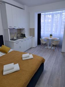 um quarto com duas camas, uma cozinha e uma mesa em Chic Studio em Onesti