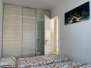 - une chambre avec un lit et un grand placard dans l'établissement Modern and quiet apartment with air conditioning and free parking, à Košice