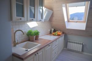 a kitchen with a sink and a window at Apartament u Sikorki in Ustrzyki Dolne