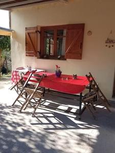 a table with two chairs and a red table cloth at Persefoni's Traditional House in Promírion