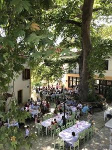 a group of people sitting at tables under a tree at Persefoni's Traditional House in Promírion