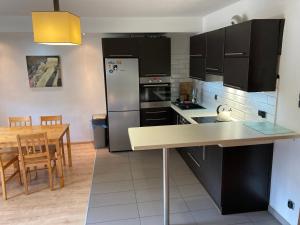 a kitchen and dining room with a table and a refrigerator at Apartament MATI in Wisła