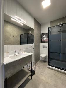 a bathroom with a sink and a shower and a toilet at Apartament Arte Povera in Słubice