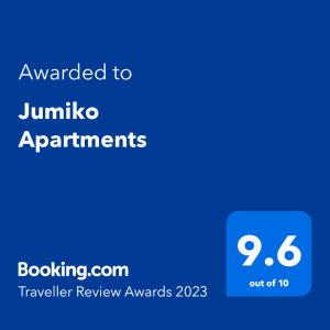 Un certificat, premiu, logo sau alt document afișat la Jumiko Apartments