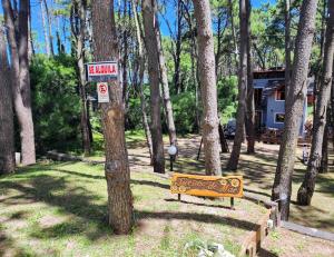 um banco num parque com uma placa numa árvore em Sueños de Mar em Mar Azul