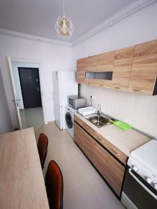 een kleine keuken met een wastafel en een magnetron bij Two Bedroom Apartment in Roşu