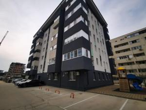 een zwart-wit gebouw op een parkeerplaats bij Two Bedroom Apartment in Roşu