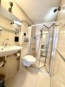 a bathroom with a shower and a toilet and a sink at Aram Galata Suites in Istanbul