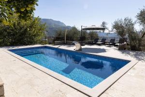 a blue swimming pool with an umbrella in a yard at Villa Ella in Stari Bar