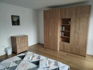 a living room with wooden cabinets and a bed at Downtown penthouse Šabac in Šabac