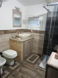 een badkamer met een toilet, een wastafel en een douche bij CASA ZENOBIO in Pabillonis