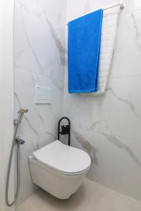 uma casa de banho com um WC branco e uma toalha azul em Nazari Apartment 1 em Tirana