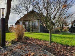 un edificio con techo de hierba con un árbol delante en Cozy holiday home in Overijssel in a wonderful environment, en De Meele