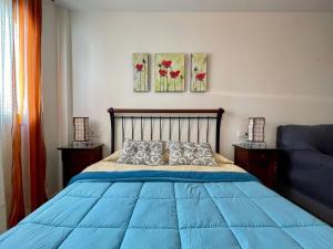 ein Schlafzimmer mit einem blauen Bett und zwei Gemälden an der Wand in der Unterkunft Premium apartment in Carboneras with relaxation area in Carboneras