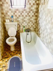 La salle de bains est pourvue de toilettes et d'une baignoire. dans l'établissement Hibiscus Apartments, à Ndola