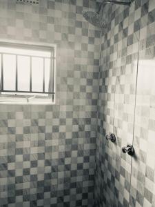 a bathroom with a tiled shower with a window at Hibiscus Apartments in Ndola