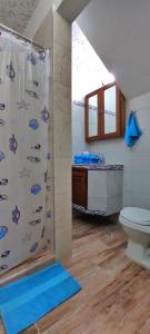 y baño con cortina de ducha y aseo. en BELLA SUITE frente al Aeropuerto en Catia La Mar