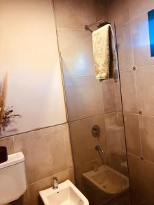 een badkamer met een douche, een toilet en een wastafel bij La Pasionaria Casa de Campo in Agua de Oro