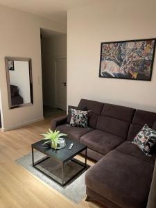 uma sala de estar com um sofá castanho e uma mesa em Apartament Złota winda Tuwima em Lódź