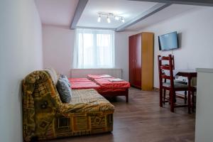 Gora Apartments Premium Lodge - Stara Planina في Balta Berilovac: غرفة معيشة مع طاولة وكرسي وغرفة طعام