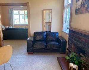 a living room with a leather couch and a fireplace at NO PARTY ALLOWED, Peaceful, Spacious, central Petone, free unlimited Fibre Wi-Fi & free parking in Lower Hutt