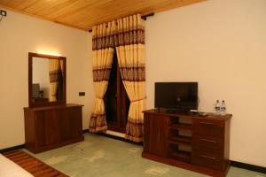 ein Wohnzimmer mit einem TV und einem Spiegel in der Unterkunft NATURALIZA in Sigiriya