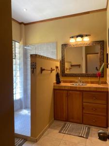 a bathroom with a sink and a shower with a mirror at Caldera River Canyon 