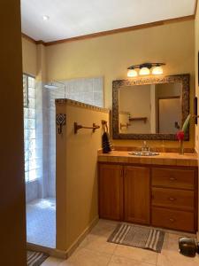een badkamer met een wastafel en een douche met een spiegel bij Caldera River Canyon 