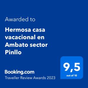 ein Screenshot eines Mobiltelefons mit dem Text, der an Thermos casa saisonal verliehen wird in der Unterkunft Hermosa Casa Vacacional en Ambato sector Pinllo CON UNA VISTA ÚNICA DE LA CIUDAD in Ambato