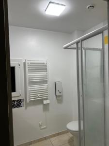 baño blanco con aseo y ventana en Villa des Palmiers, Chambre 3, Lit double en Villeneuve-sur-Lot